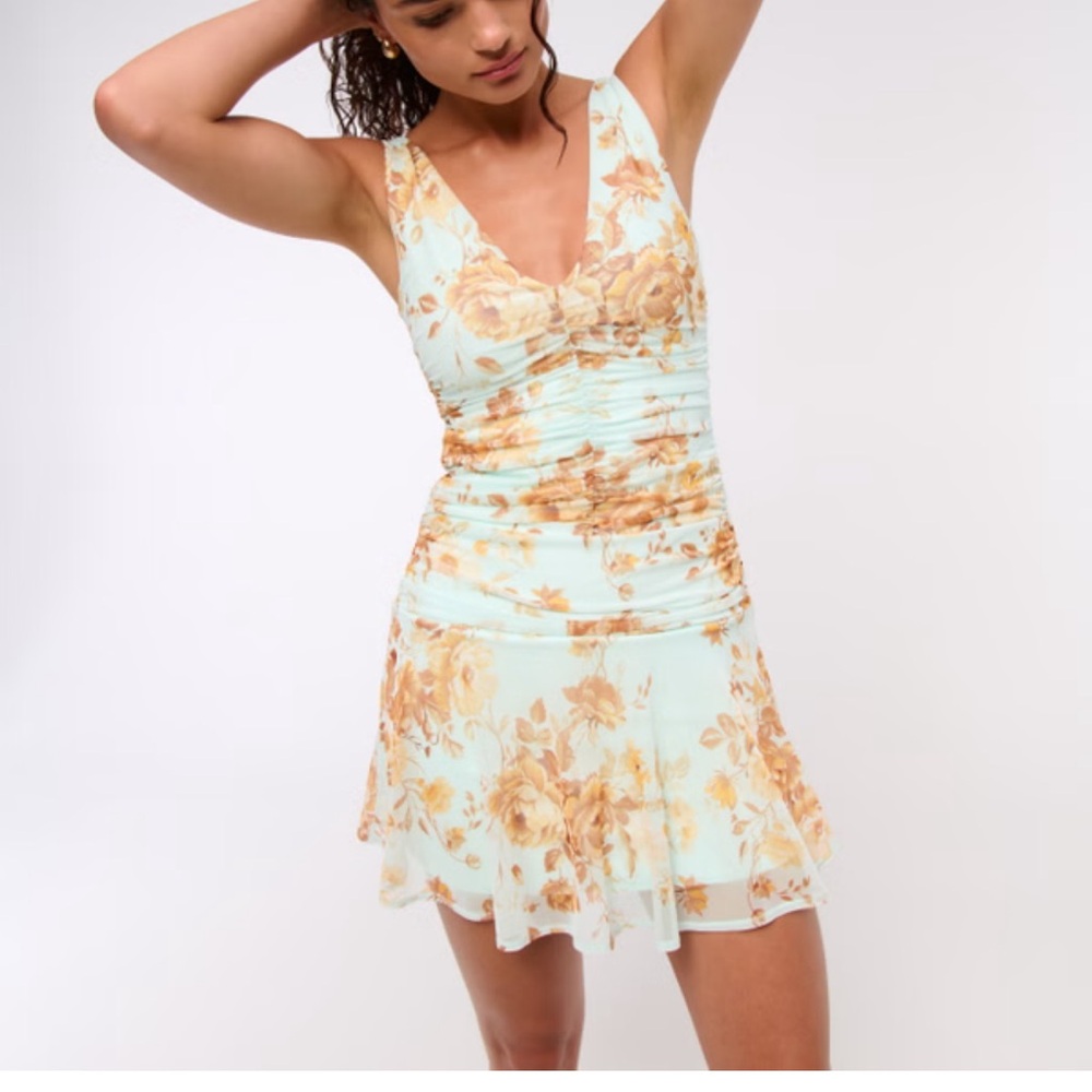 Abercrombie & Fitch Mint Floral Mini Dress with Mustard Roses